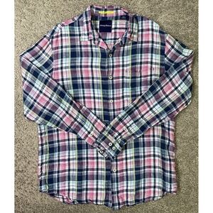 Tommy Bahama Linen Shirt‎ Mens Medium Button Up Blue Pink Plaid Check Beach
